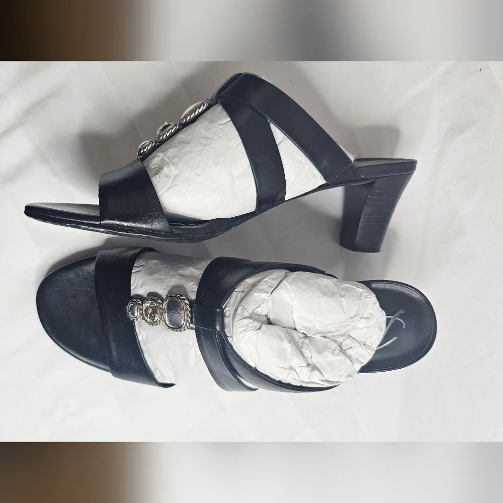 7 M Brighton Trista Shoes Slip-on Block Heels Sandals Black Leather Open Toe